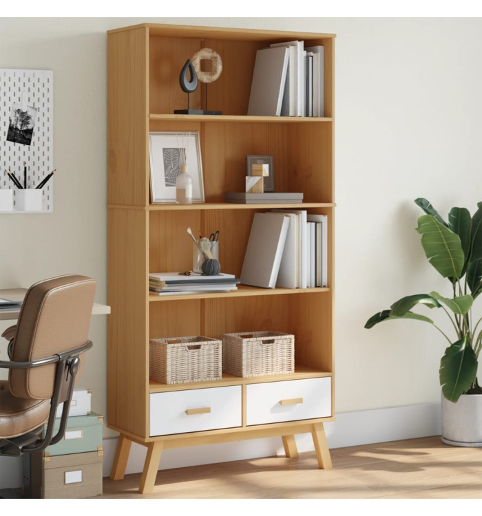 Bibliothèque à 4 niveaux OLDEN blanc marron bois de pin massif | Mobilier & Déco