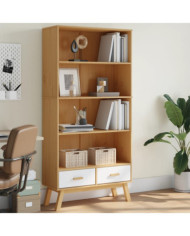 Bibliothèque à 4 niveaux OLDEN blanc marron bois de pin massif | Mobilier & Déco