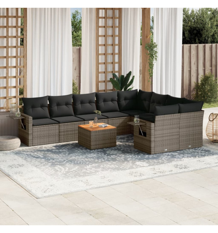 Salon de jardin avec coussins 10 pcs gris résine tressée | Mobilier & Déco