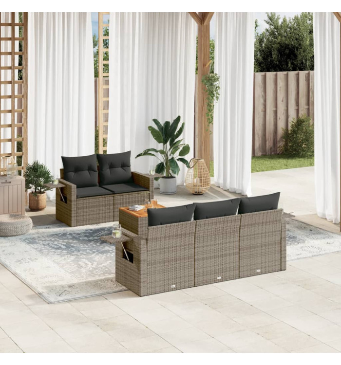 Salon de jardin 6 pcs avec coussins gris résine tressée | Mobilier & Déco