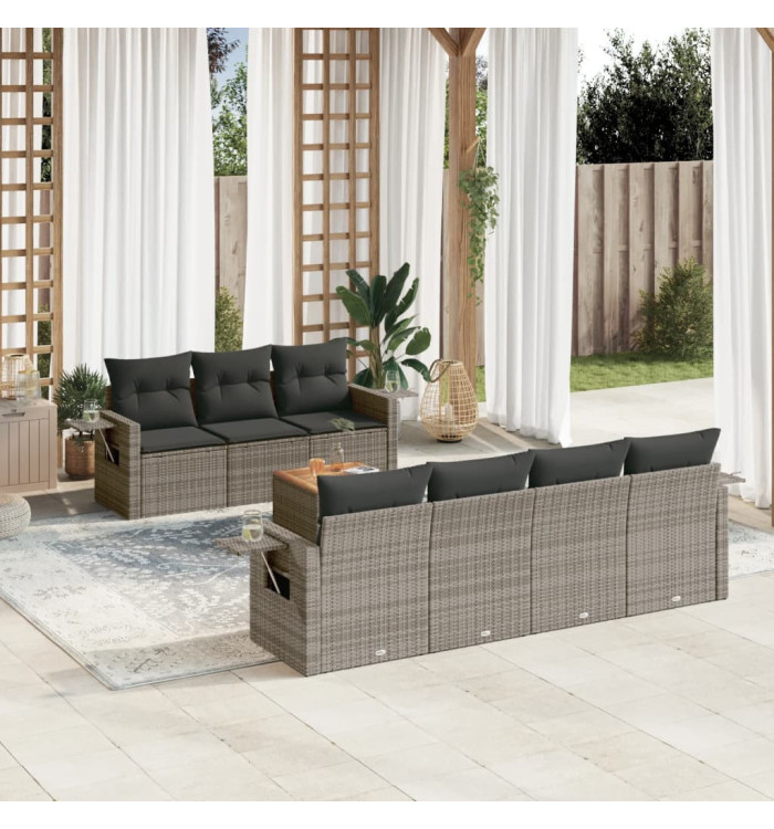 Salon de jardin 8 pcs avec coussins gris résine tressée | Mobilier & Déco