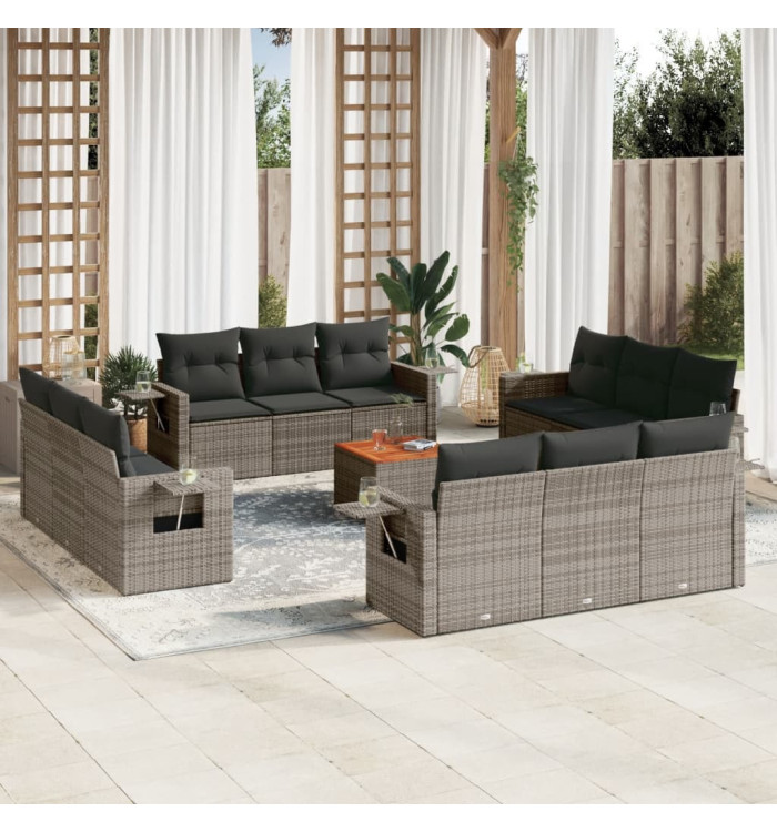Salon de jardin avec coussins 13 pcs gris résine tressée | Mobilier & Déco