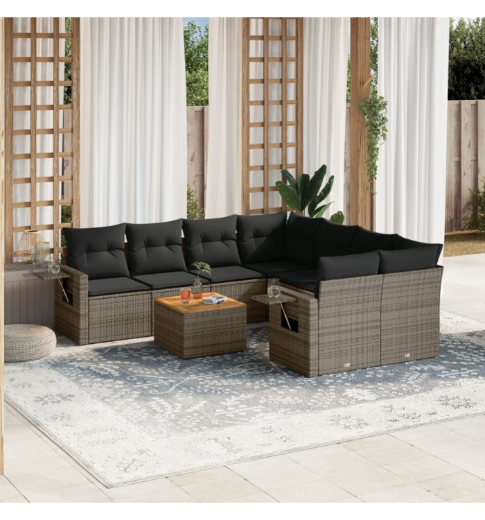Salon de jardin 9 pcs avec coussins gris résine tressée | Mobilier & Déco