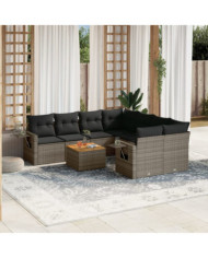 Salon de jardin 9 pcs avec coussins gris résine tressée | Mobilier & Déco