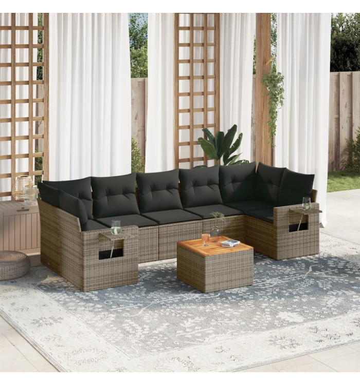 Salon de jardin 8 pcs avec coussins gris résine tressée | Mobilier & Déco