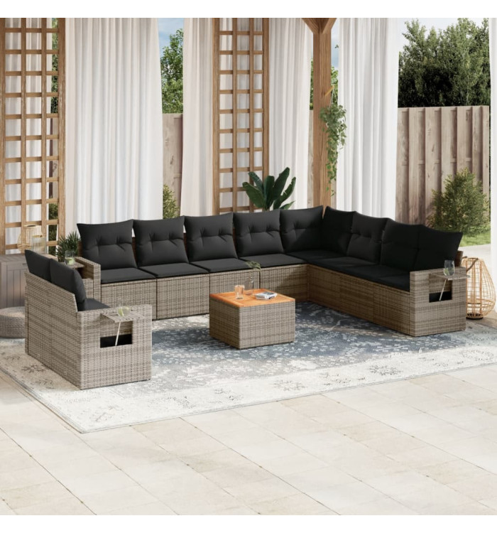 Salon de jardin 11 pcs avec coussins gris résine tressée | Mobilier & Déco