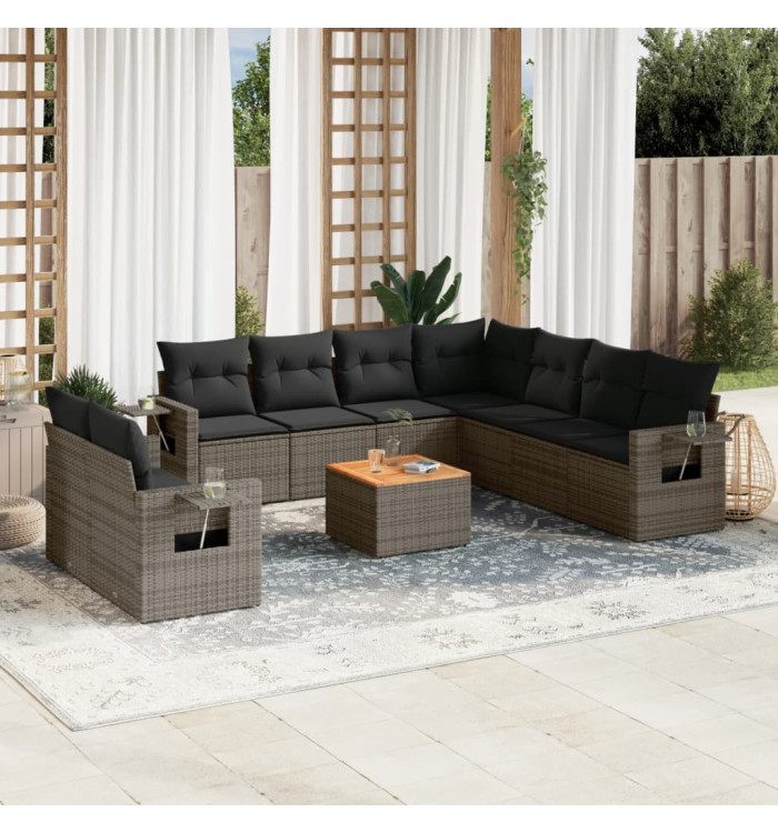 Salon de jardin avec coussins 10 pcs gris résine tressée | Mobilier & Déco