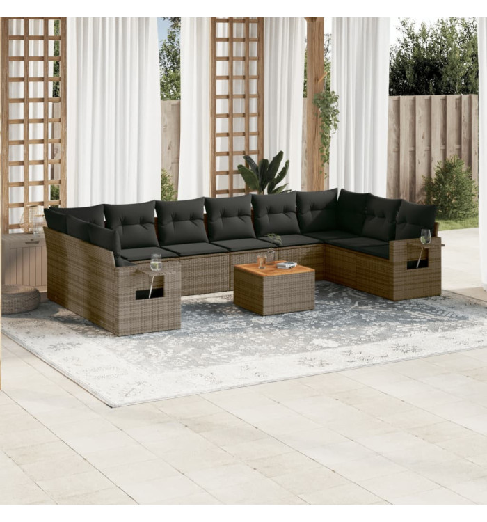 Salon de jardin 11 pcs avec coussins gris résine tressée | Mobilier & Déco