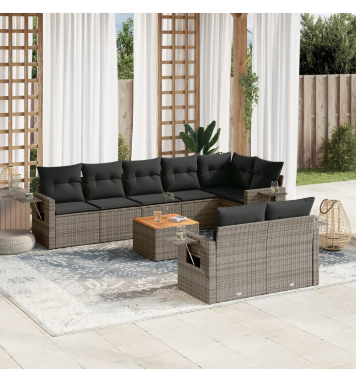 Salon de jardin 9 pcs avec coussins gris résine tressée | Mobilier & Déco