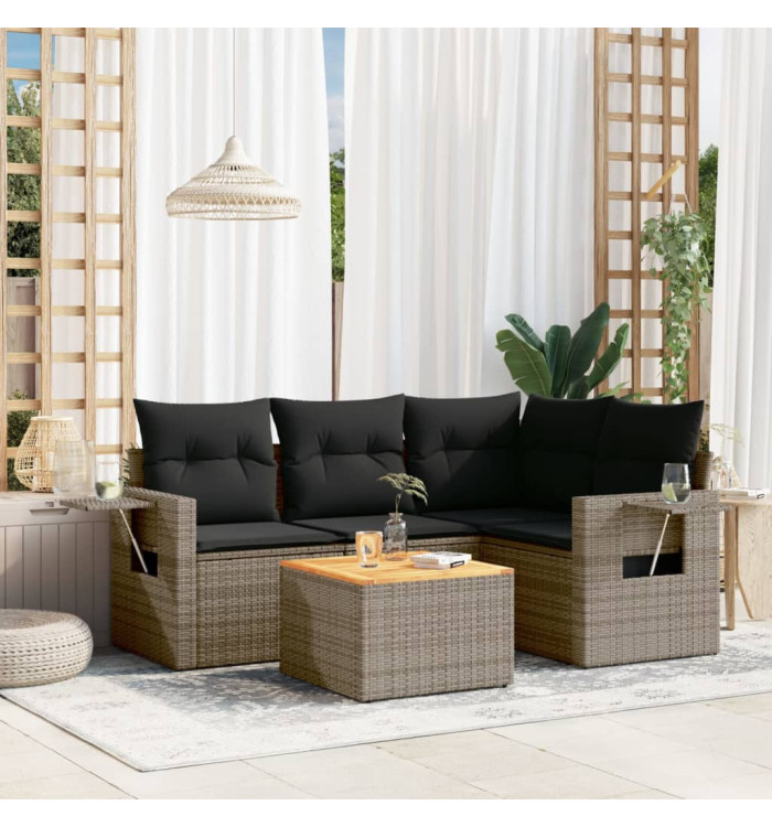 Salon de jardin 5 pcs avec coussins gris résine tressée | Mobilier & Déco