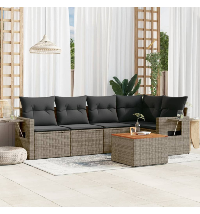 Salon de jardin 6 pcs avec coussins gris résine tressée | Mobilier & Déco