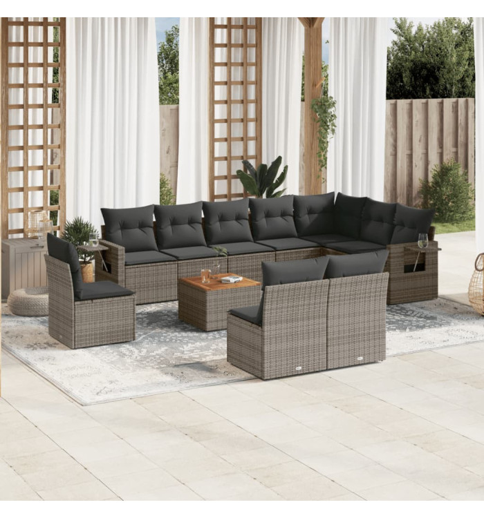 Salon de jardin 11 pcs avec coussins gris résine tressée | Mobilier & Déco