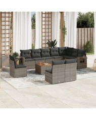 Salon de jardin 11 pcs avec coussins gris résine tressée | Mobilier & Déco