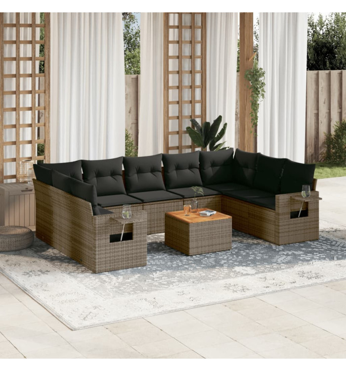 Salon de jardin avec coussins 10 pcs gris résine tressée | Mobilier & Déco