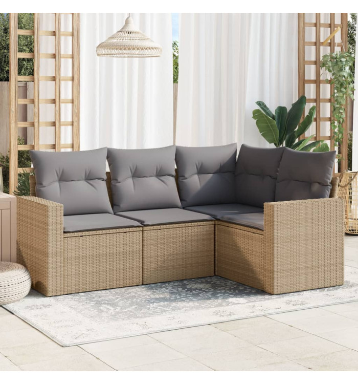 Salon de jardin avec coussins 4 pcs beige résine tressée | Mobilier & Déco