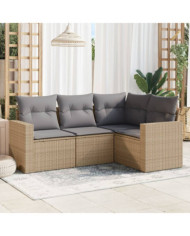 Salon de jardin avec coussins 4 pcs beige résine tressée | Mobilier & Déco