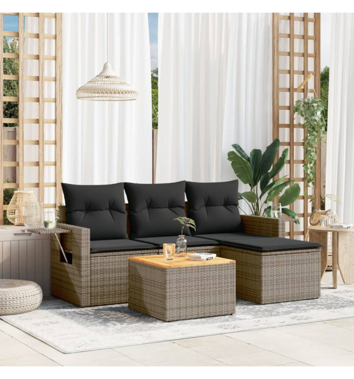 Salon de jardin 5 pcs avec coussins gris résine tressée | Mobilier & Déco