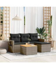 Salon de jardin 5 pcs avec coussins gris résine tressée | Mobilier & Déco