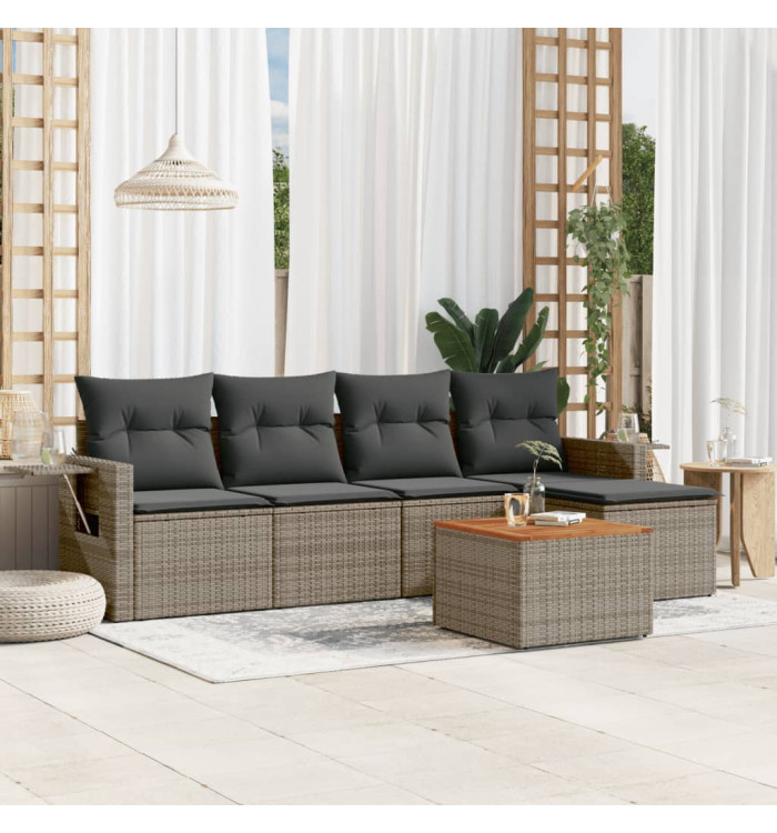 Salon de jardin 6 pcs avec coussins gris résine tressée | Mobilier & Déco