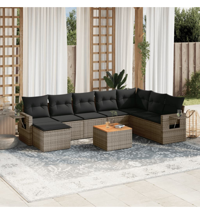 Salon de jardin 9 pcs avec coussins gris résine tressée | Mobilier & Déco