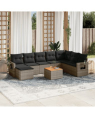 Salon de jardin 9 pcs avec coussins gris résine tressée | Mobilier & Déco