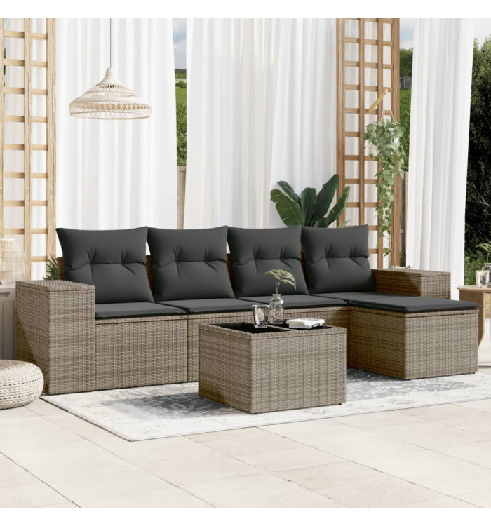 Salon de jardin 6 pcs avec coussins gris résine tressée | Mobilier & Déco