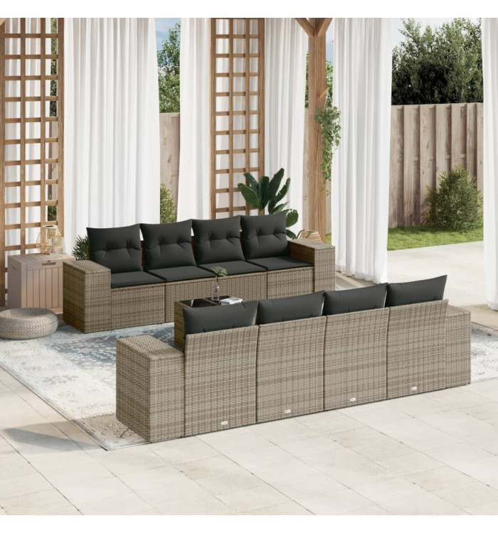 Salon de jardin 9 pcs avec coussins gris résine tressée | Mobilier & Déco