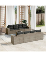 Salon de jardin 9 pcs avec coussins gris résine tressée | Mobilier & Déco