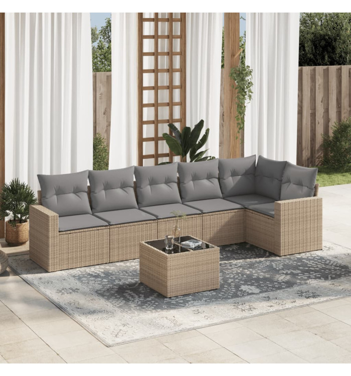 Salon de jardin avec coussins 7 pcs beige résine tressée | Mobilier & Déco
