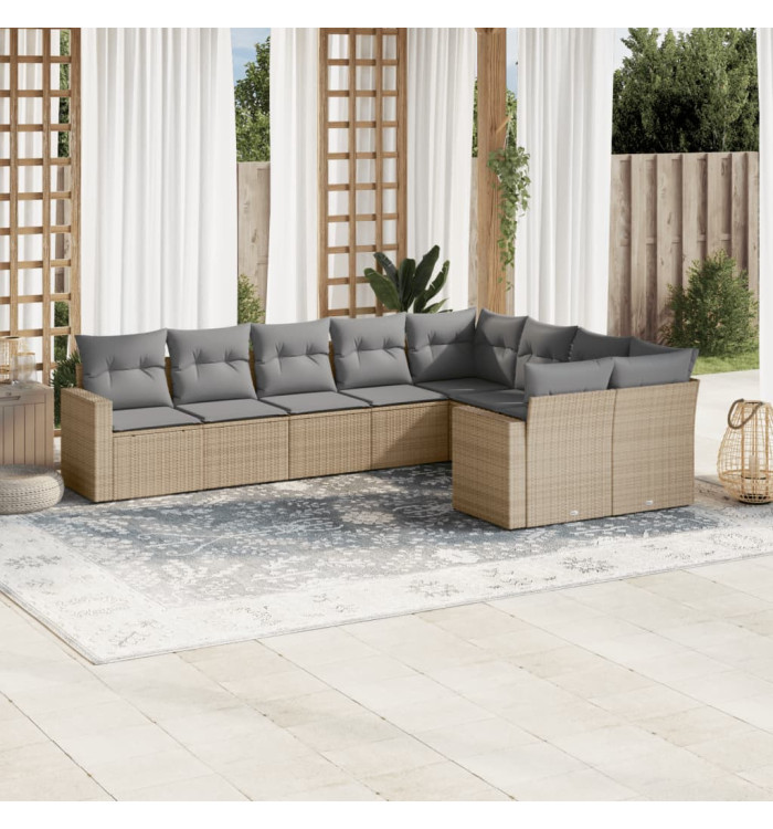 Salon de jardin avec coussins 9 pcs beige résine tressée | Mobilier & Déco