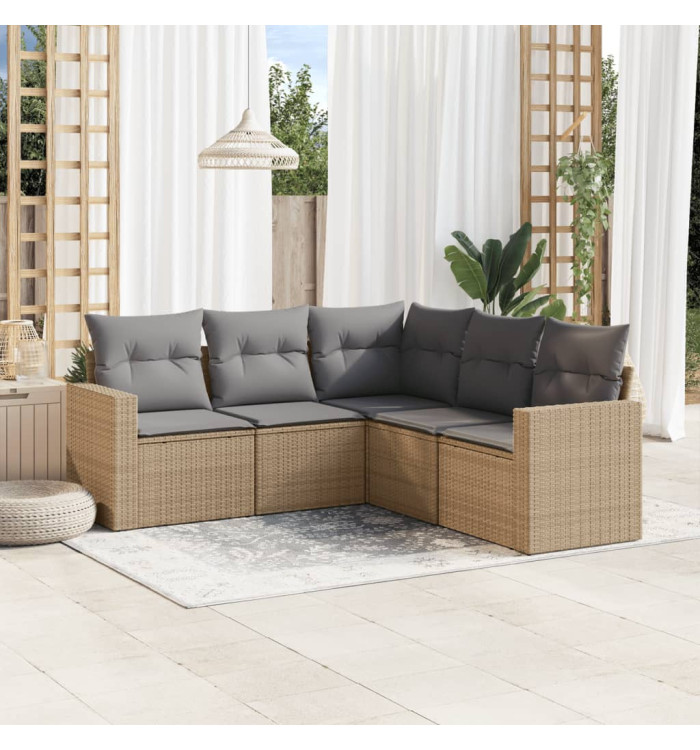 Salon de jardin avec coussins 5 pcs beige résine tressée | Mobilier & Déco