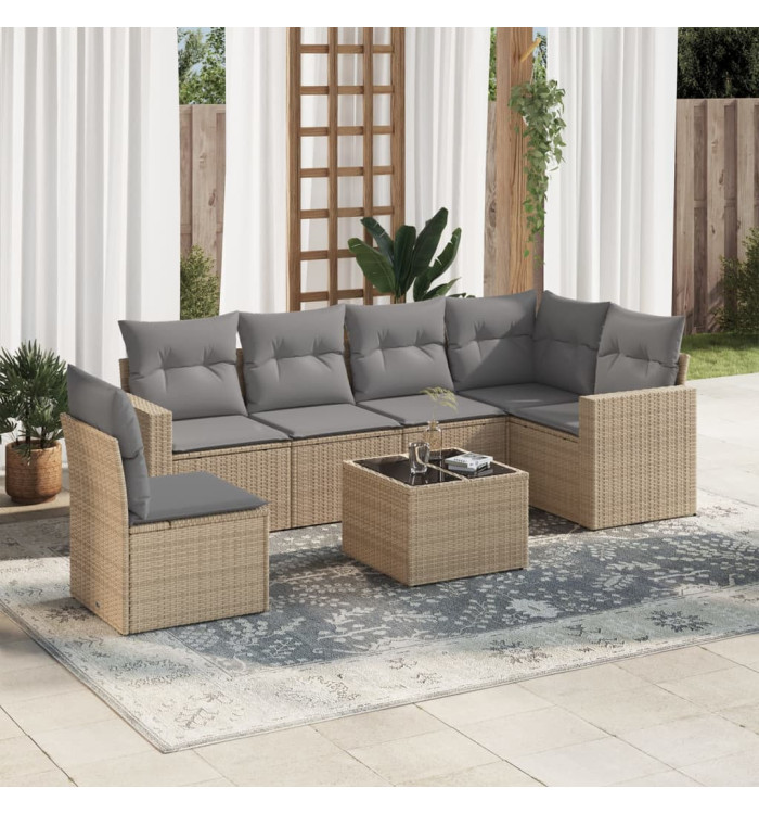 Salon de jardin avec coussins 7 pcs beige résine tressée | Mobilier & Déco