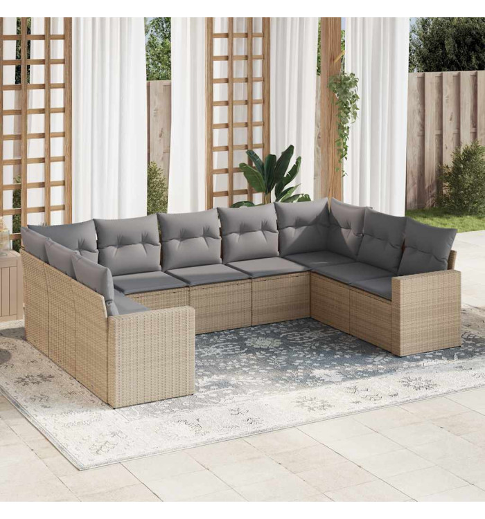 Salon de jardin avec coussins 9 pcs beige résine tressée | Mobilier & Déco