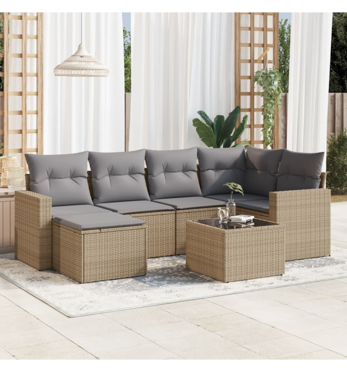 Salon de jardin avec coussins 7 pcs beige résine tressée | Mobilier & Déco