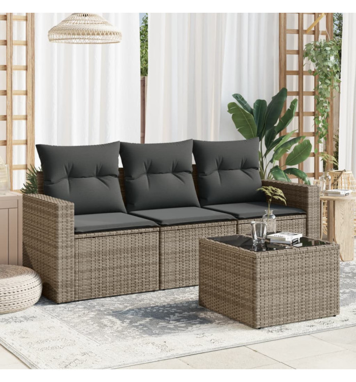 Salon de jardin 4 pcs avec coussins gris résine tressée | Mobilier & Déco