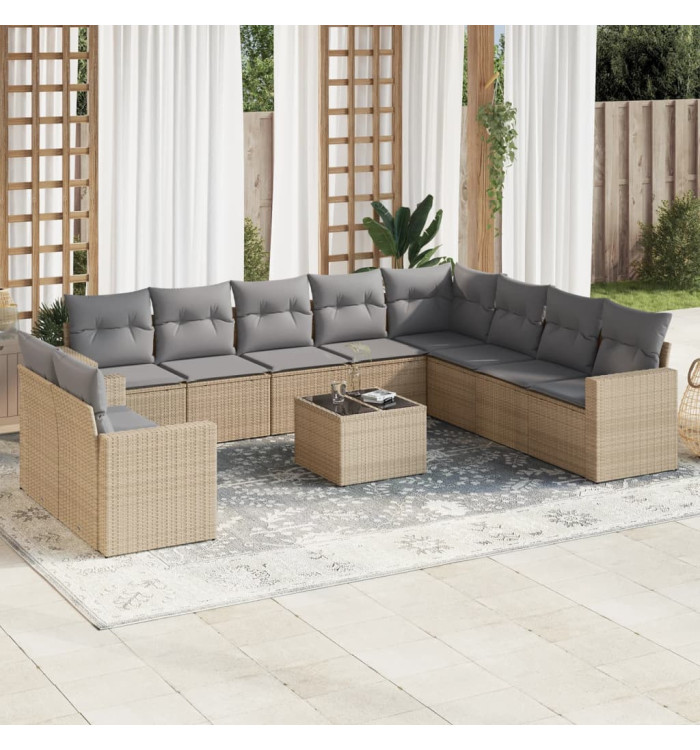 Salon de jardin 11 pcs avec coussins beige résine tressée | Mobilier & Déco