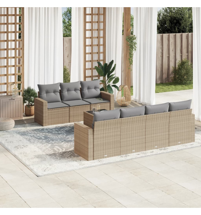 Salon de jardin avec coussins 8 pcs beige résine tressée | Mobilier & Déco