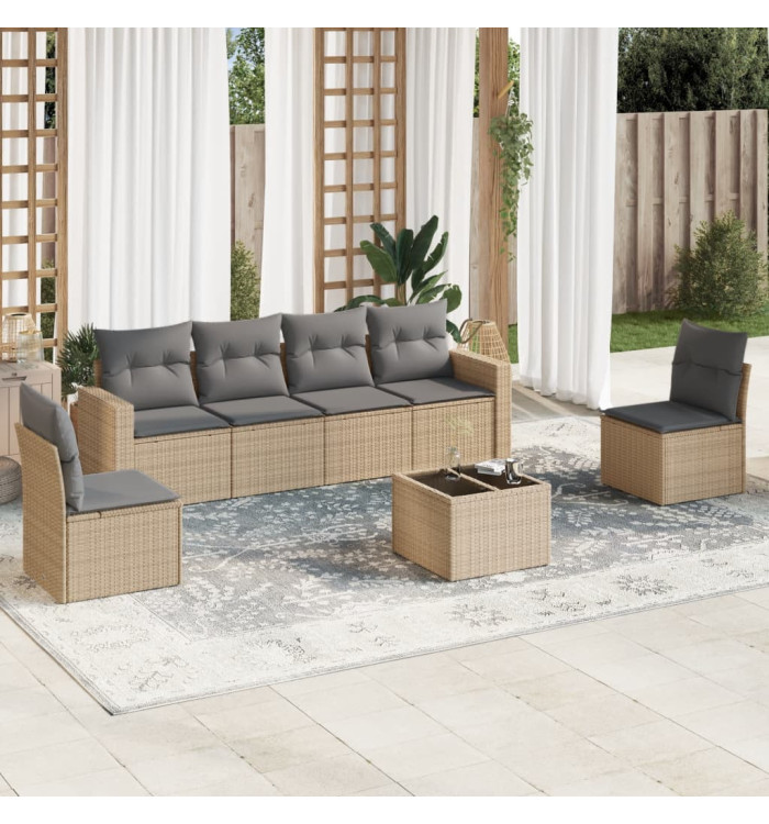 Salon de jardin avec coussins 7 pcs beige résine tressée | Mobilier & Déco