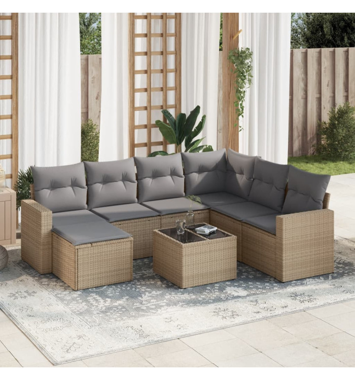 Salon de jardin avec coussins 8 pcs beige résine tressée | Mobilier & Déco