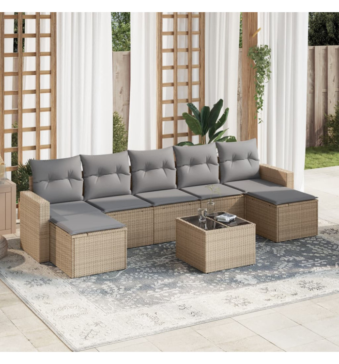 Salon de jardin avec coussins 8 pcs beige résine tressée | Mobilier & Déco
