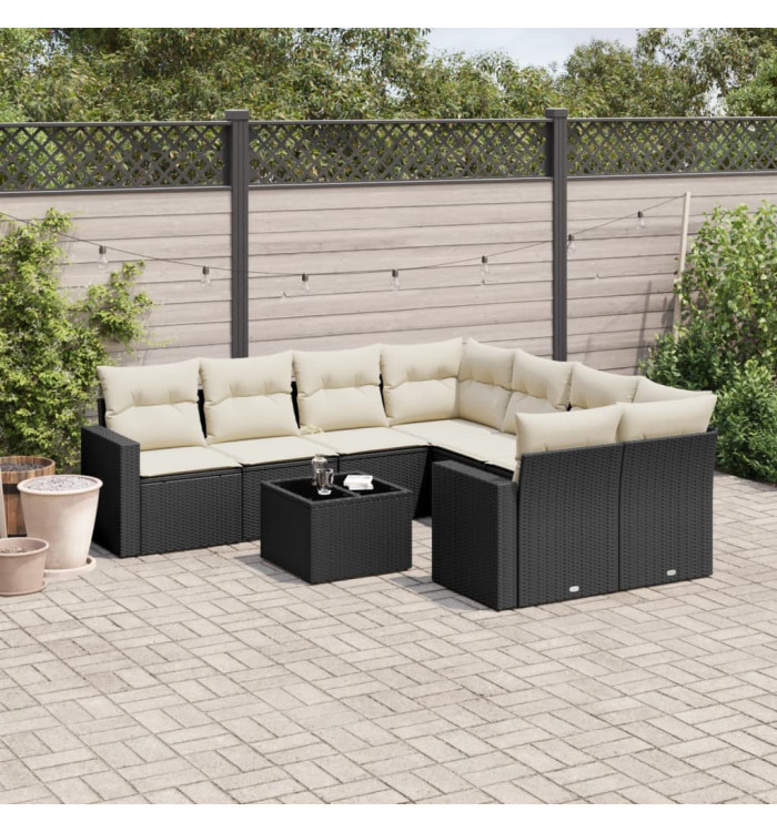 Salon de jardin 9 pcs avec coussins noir résine tressée | Mobilier & Déco