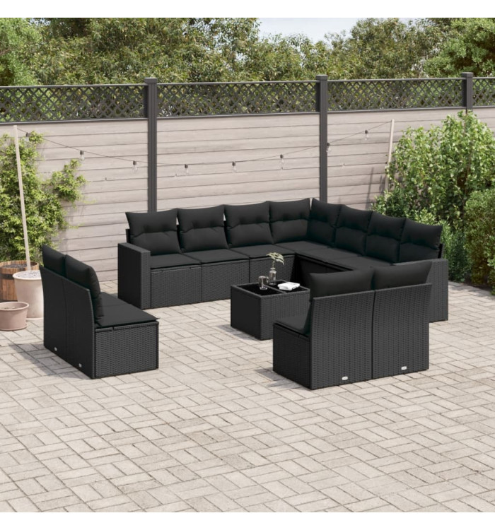 Salon de jardin 12 pcs avec coussins noir résine tressée | Mobilier & Déco