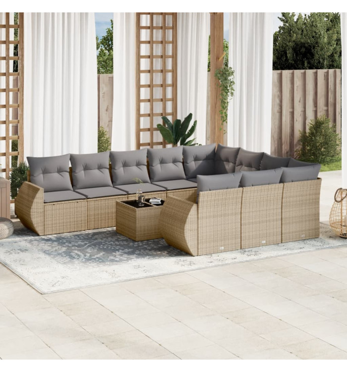 Salon de jardin 11 pcs avec coussins beige résine tressée | Mobilier & Déco