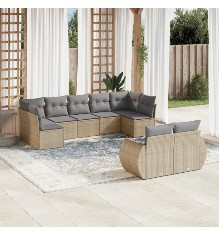 Salon de jardin avec coussins 9 pcs beige résine tressée | Mobilier & Déco