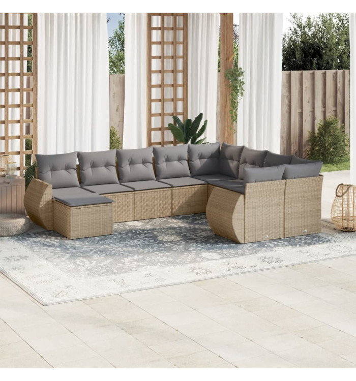 Salon de jardin avec coussins 10 pcs beige résine tressée | Mobilier & Déco