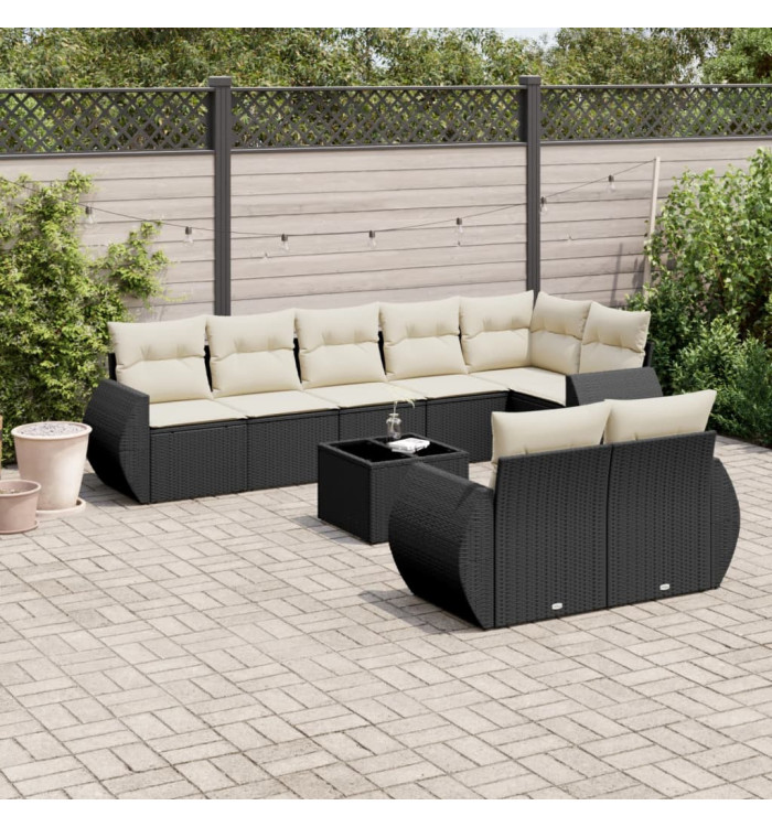Salon de jardin 9 pcs avec coussins noir résine tressée | Mobilier & Déco