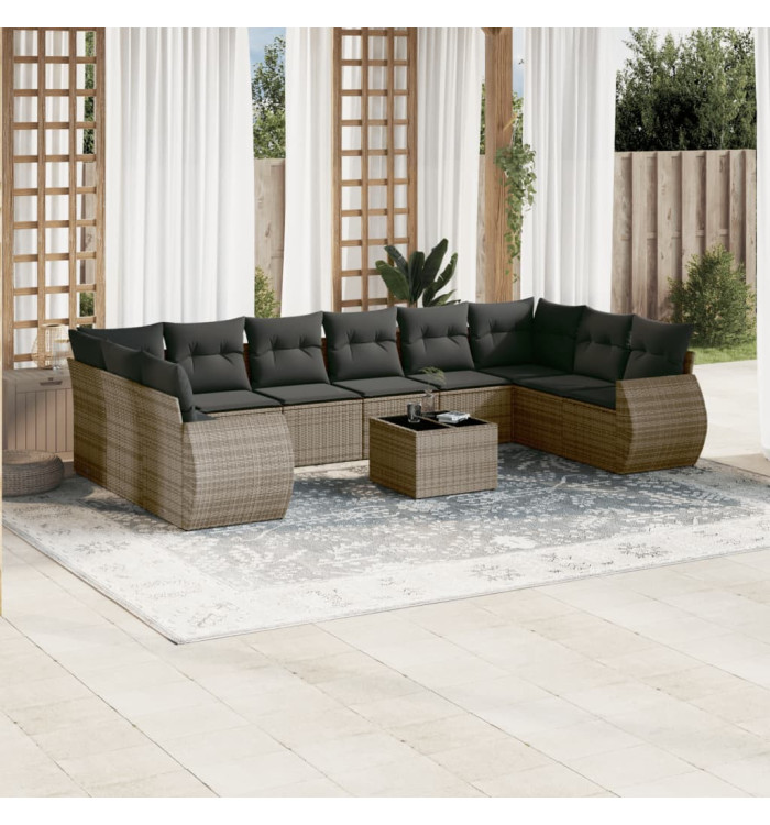 Salon de jardin 11 pcs avec coussins gris résine tressée | Mobilier & Déco