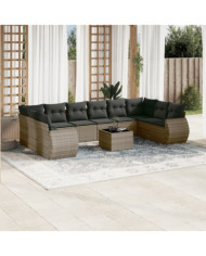 Salon de jardin 11 pcs avec coussins gris résine tressée | Mobilier & Déco