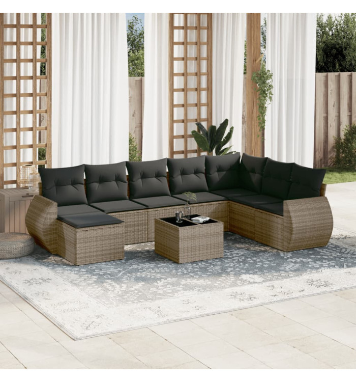 Salon de jardin 9 pcs avec coussins gris résine tressée | Mobilier & Déco