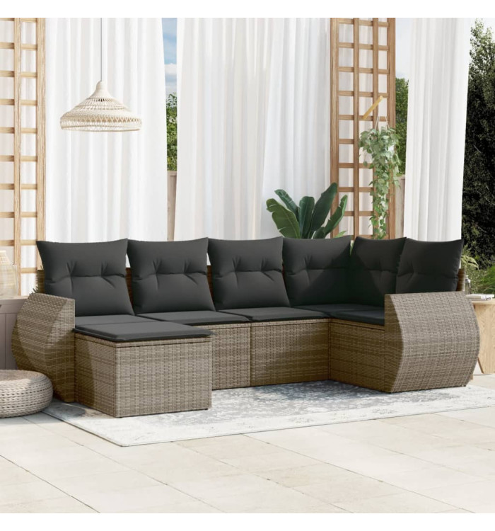 Salon de jardin 6 pcs avec coussins gris résine tressée | Mobilier & Déco